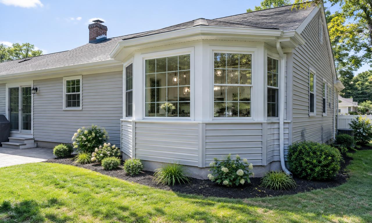 Finished bump-out kitchen addition with bay windows on a New Jersey home