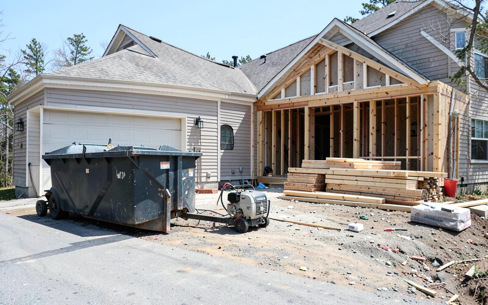 Residential addition job site with dumpster, generator and stacked lumber