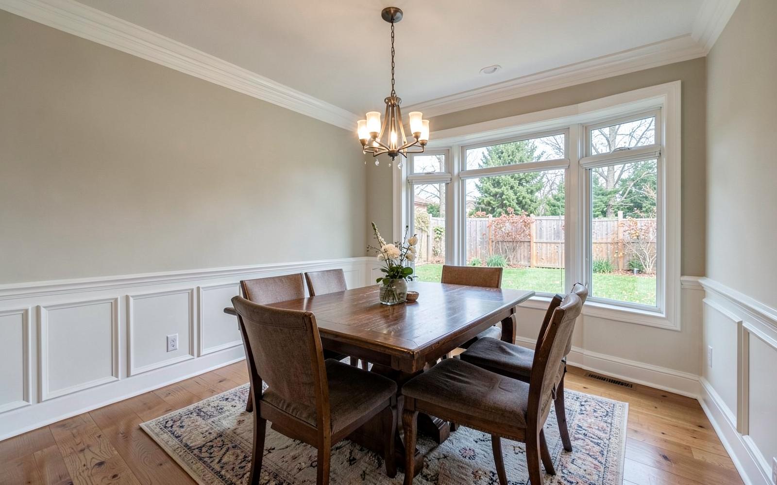 Enlarged dining room with wainscoting and a bay window after an addition
