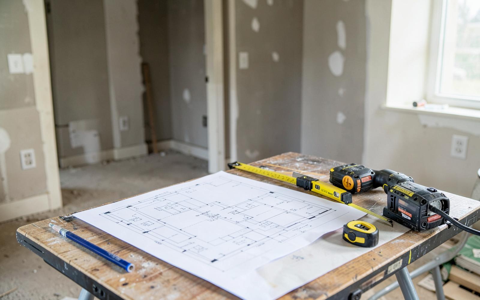 Blueprints, level and tools on a work table at a residential remodeling job site