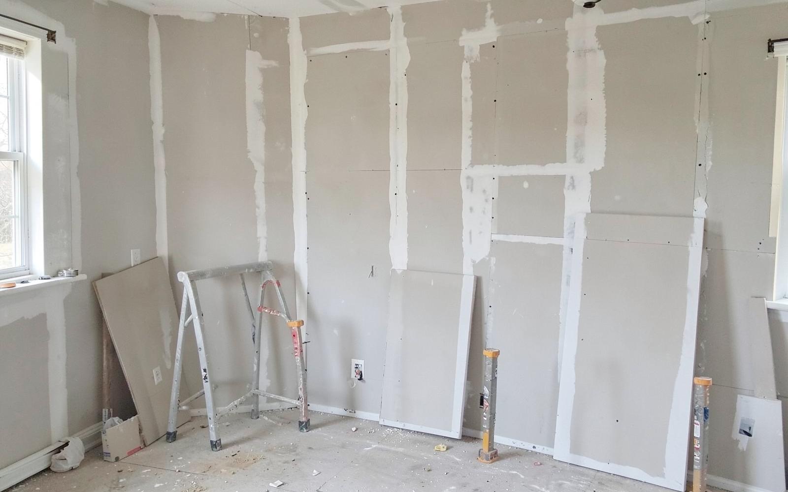 Drywall installed, taped and mudded during a residential remodel