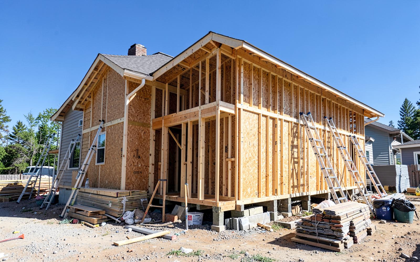 Home addition framed and sheathed with plywood during construction