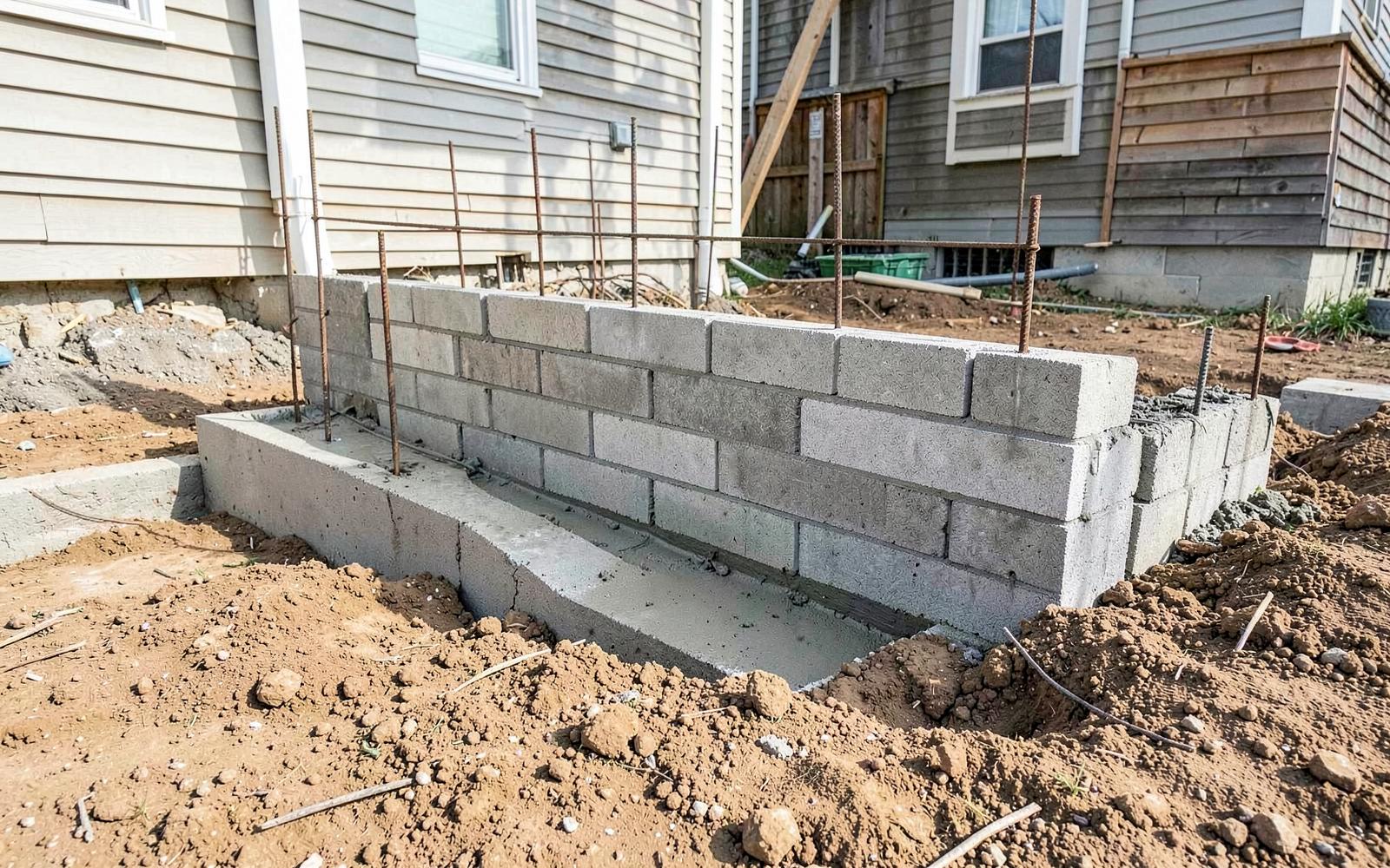 New concrete footing and foundation wall poured beside an existing home