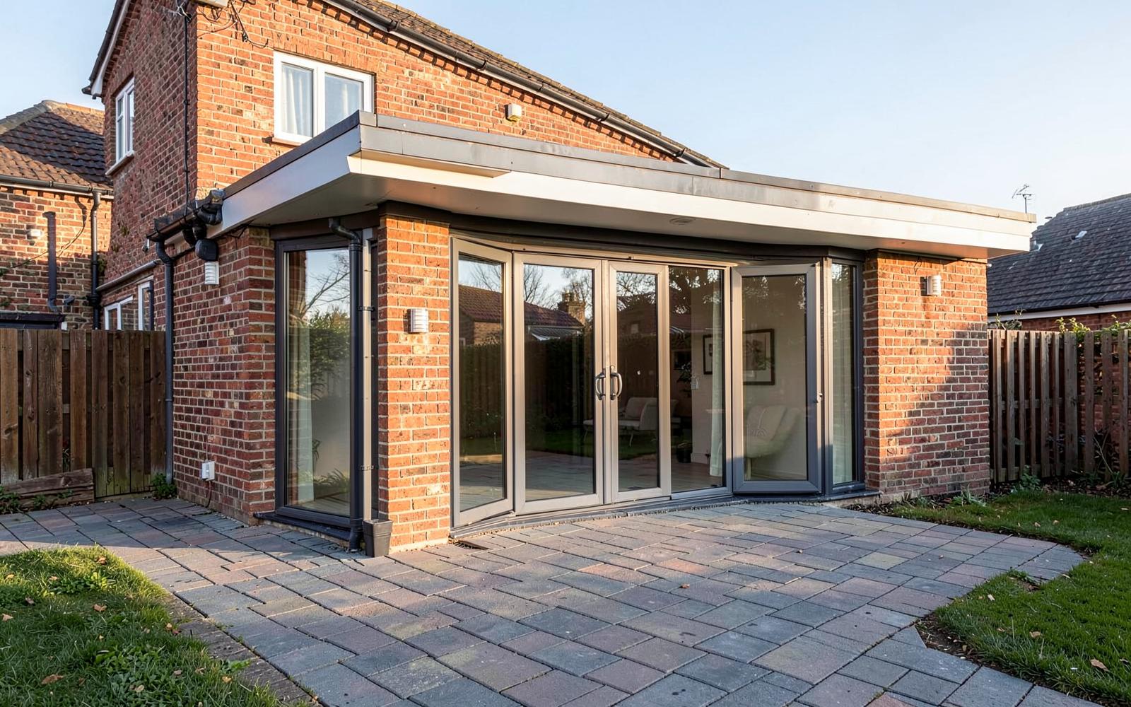Rear house extension with sliding glass doors and flat roof on a brick home