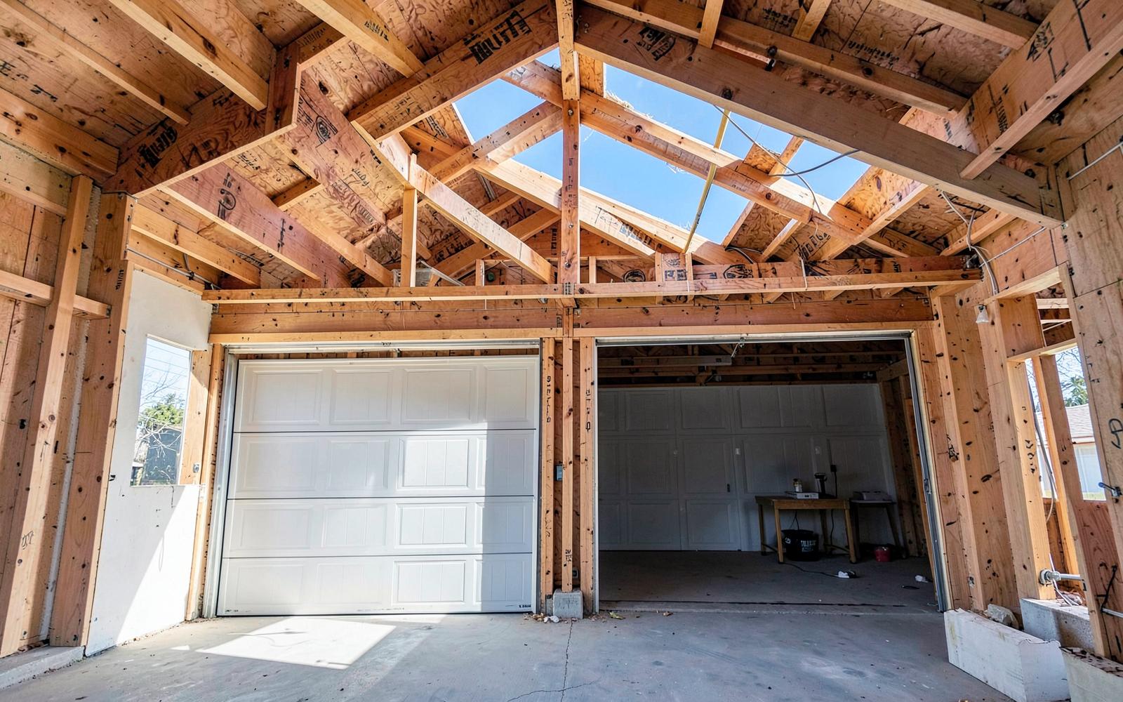 Framing of a new room above an attached garage with joists and trusses