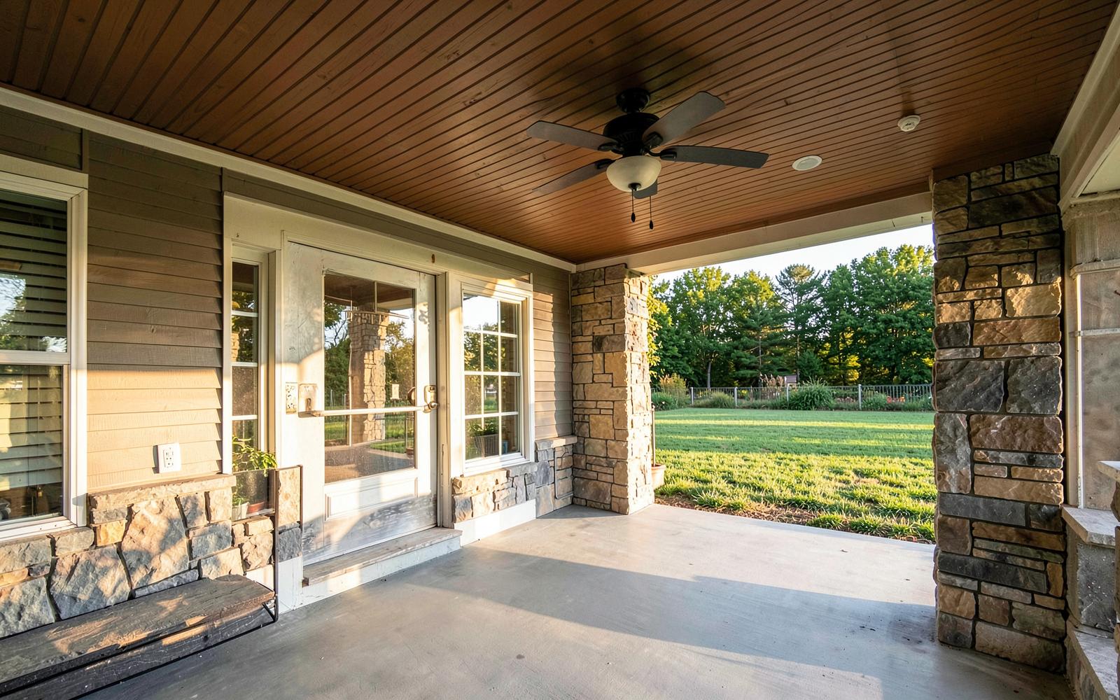 Covered rear porch addition with tongue-and-groove ceiling and stone columns
