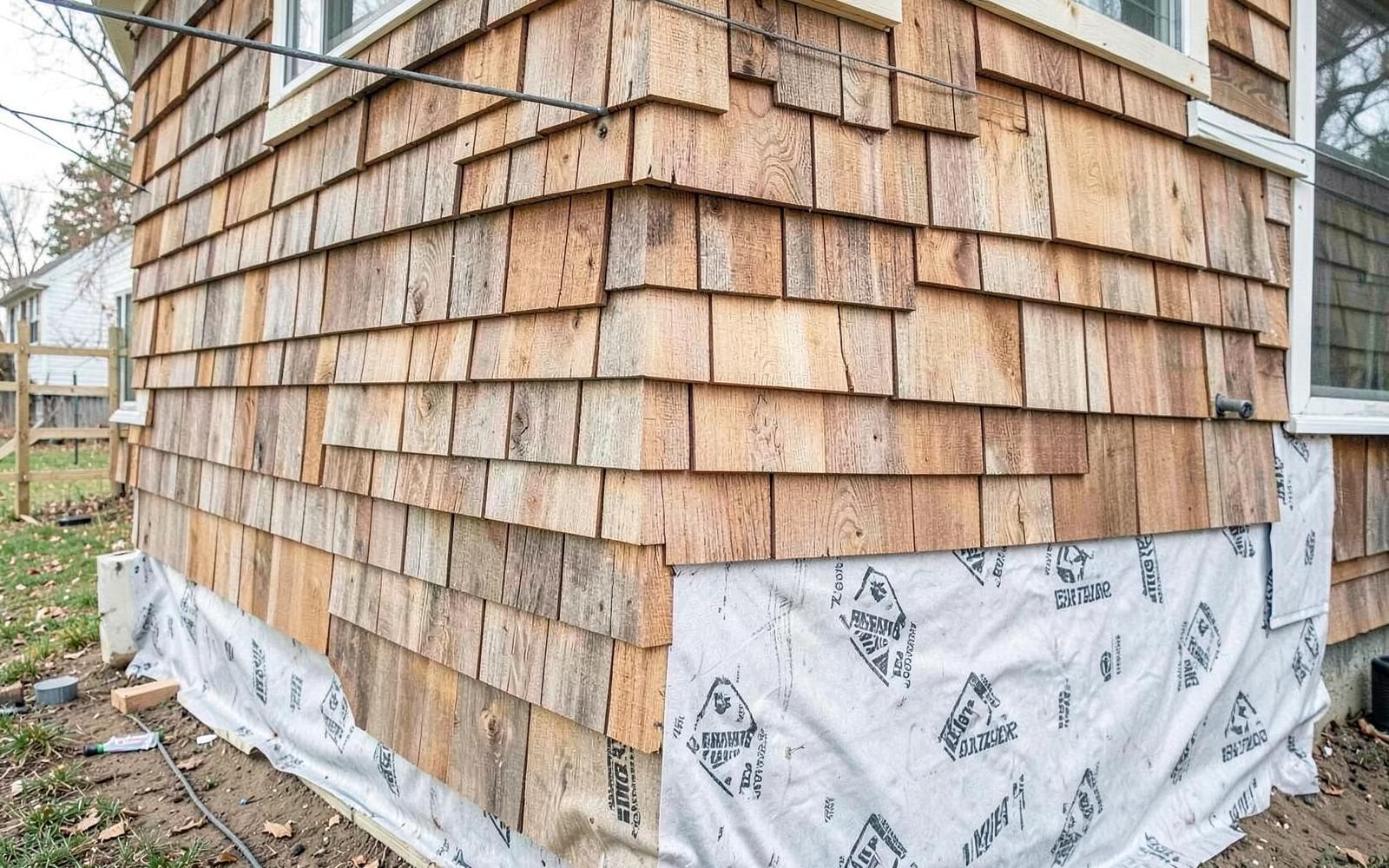 Cedar shake siding being installed over house wrap on an addition wall