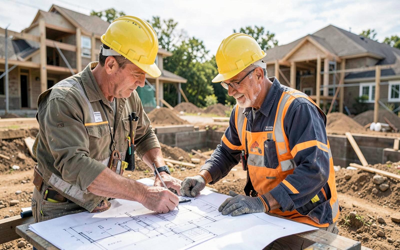 General contractor reviewing plans at a residential construction site in Edison, NJ