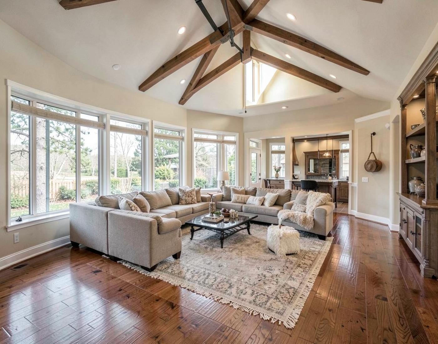 Finished interior of a high-end home addition with vaulted ceiling