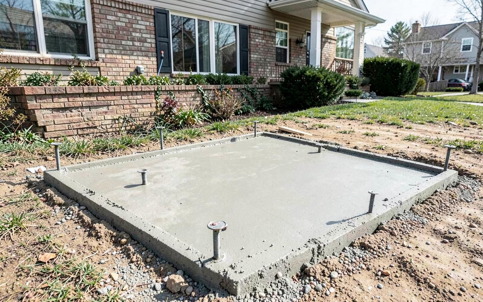 Freshly poured concrete slab with anchor bolts for a home addition